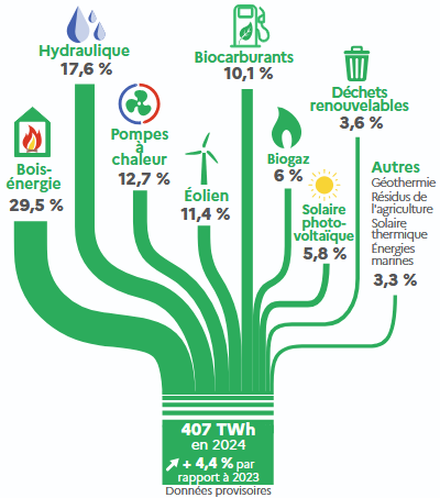 15.8% de la consommation d’énergie primaire de la France représentée par les énergies renouvelables en 2024